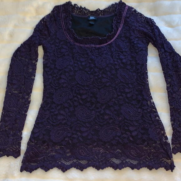 Vintage 90s royal purple stretch lace velvet ribbon square neck tunic top L - Picture 16 of 16